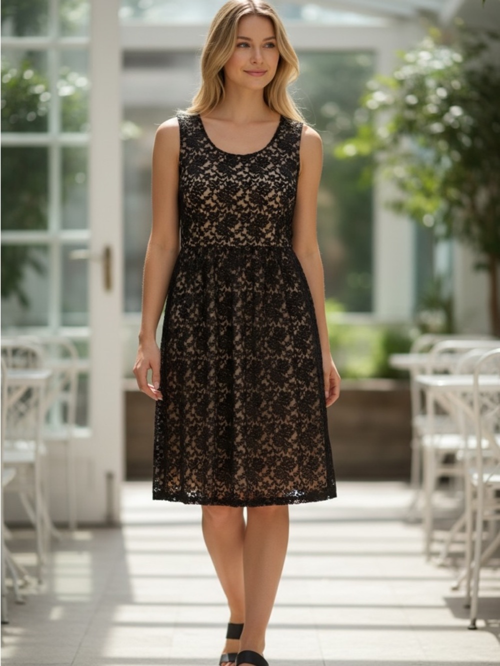 Valerie Bertinelli Black Lace Overlay Midi Dress with Nude Lining